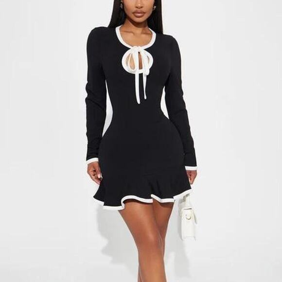 Fashion Nova Set The Bar Mini Dress NWT Black White Bow Long Sleeve Women’s XL - Picture 3 of 8